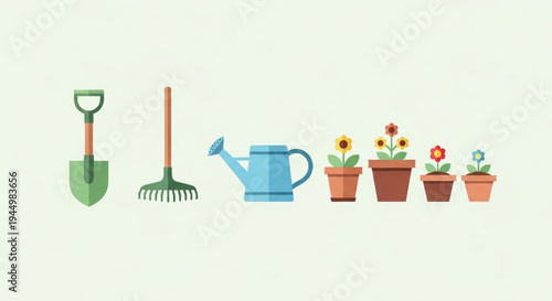 Gardening tools and potted flowers including shovel rake watering can and colorful plants in pots on a light green background