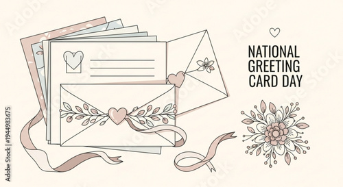 National greeting card day illustration with hearts flowers and elegant stationery