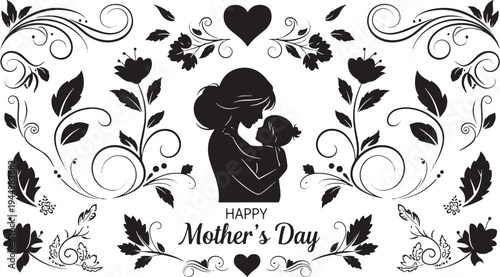 Decorative Mother's Day Banner with Central Mother-Child Silhouette and Floral Ornaments