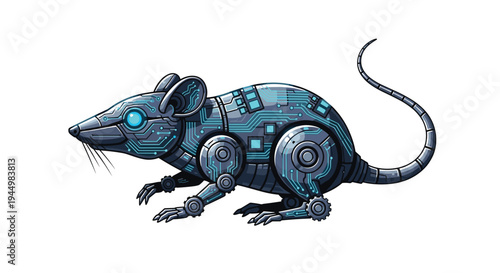 A metallic grey robotic rat with glowing blue circuit board patterns and visible mechanical joints is depicted in profile on a plain white background.