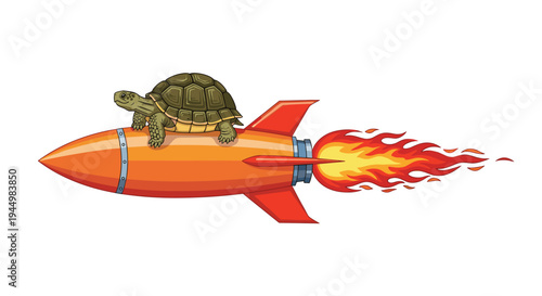 A green-shelled turtle is shown riding on top of a bright orange rocket with fiery yellow and red flames on a white background.