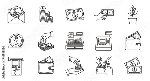 Collection of finance and business icons including money, payments, and banking symbols in outline style.
