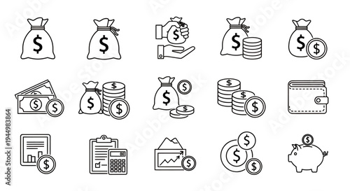 Array of financial icons illustrating money, banking and business transactions.