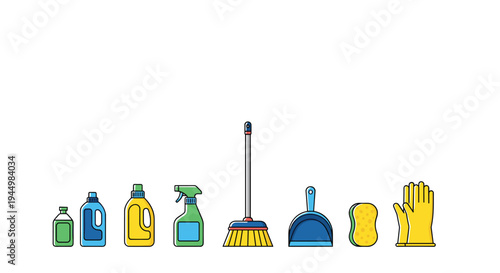 A collection of eight brightly colored cleaning tools and supplies is neatly arranged in a horizontal line on a plain white background.
