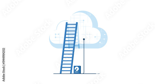 A blue ladder leans against a stylized cloud with circuit patterns, positioned next to a hard drive and an antenna on a white background.