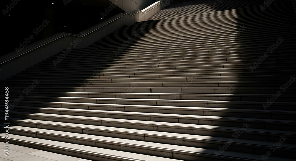 Naklejka premium Sunlight and shadow creating geometric patterns on outdoor concrete staircase architectural texture.