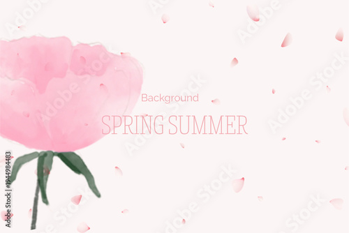 Spring floral in watercolor vector background. Luxury wallpaper design with pink flowers, line art, golden texture.

