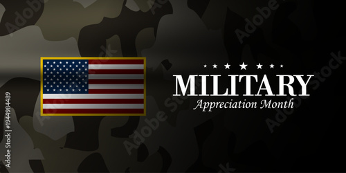 Military Appreciation Month. Army uniform. Great for posters, banners, social media and more. Black background. 