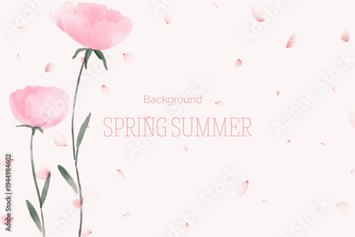 Spring floral in watercolor vector background. Luxury wallpaper design with pink flowers, line art, golden texture.
