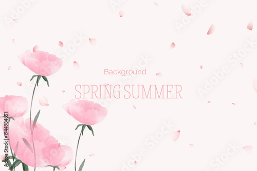Spring floral in watercolor vector background. Luxury wallpaper design with pink flowers, line art, golden texture.
