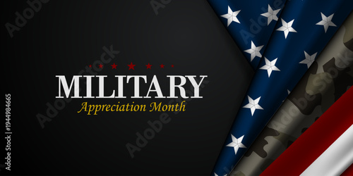 Military Appreciation Month. American flag and army uniform. Great for posters, banners, social media and more. Black background. 