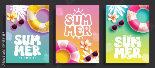 Summer greeting text clipart poster set. Sumer vibes, Summer time and hello Summer greeting in colorful background clip art with floaters, sunglasses and flower tropical elements for holiday season 