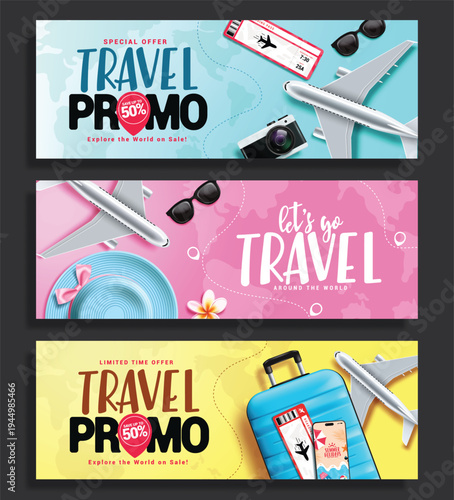 Travel promo Sale clipart banner set. Travel promo limited time discount and let's go Travel text clip art with traveler elements like luggage bag, airplane and mobile phone for summer vacation trip 