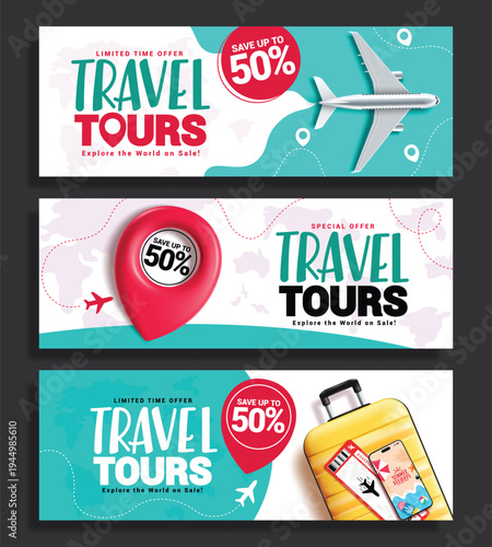 Travel and Tours promo clipart banner set. Travel and Tours limited time discount 50% special offer discount clip art with airplane, location pin and luggage bag in abstract background for summer 