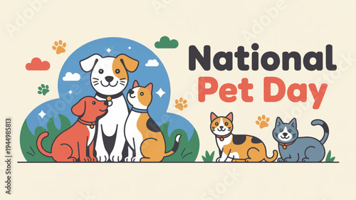 National pet day illustration with dogs and cats on a colorful background with paw prints and clouds