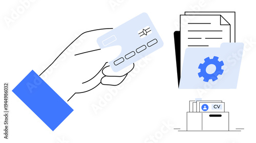 Digital workflow concept. Credit card, document folder with gear symbol, and resume file icons digital systems. Digital workflow enhances organization, financial management, and automation. Suitable