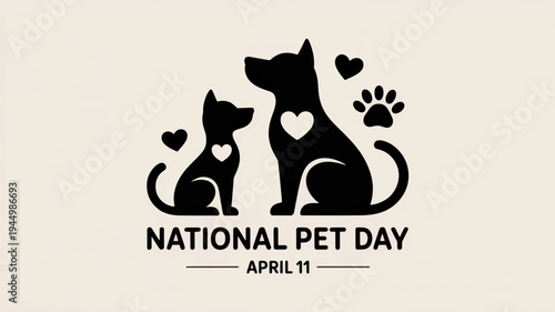National pet day logo with dog and cat silhouettes hearts and paw print on beige background symbolizing love and care for pets