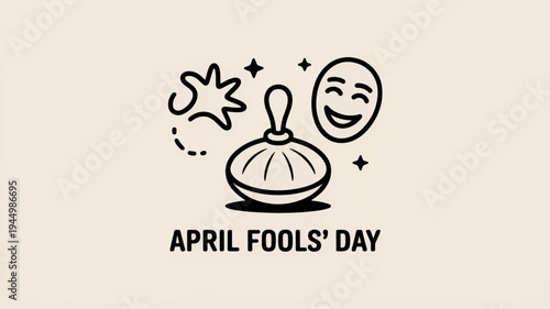 April fools' day concept with comedy mask and prank gift box on beige background with starburst