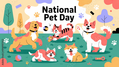 Happy national pet day dogs and cats playing together outdoors in a colorful park on green grass with flowers and trees