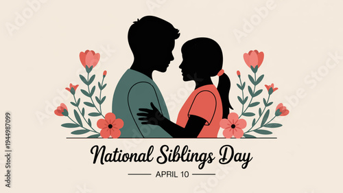 National siblings day celebration with brother and sister silhouettes surrounded by flowers
