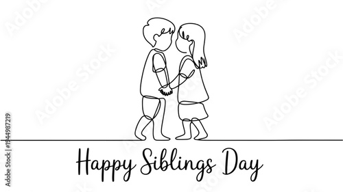 Happy siblings day brother and sister holding hands smiling simple line art white background greeting card design