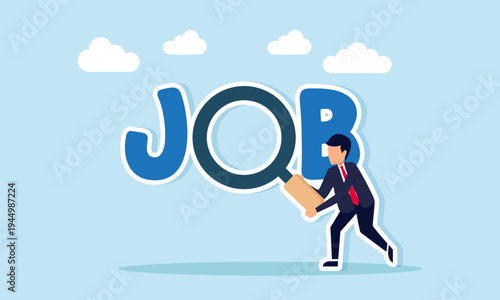 Businessman using magnifying glass to examine job text illustration of searching for new job opportunities or new business project ideas