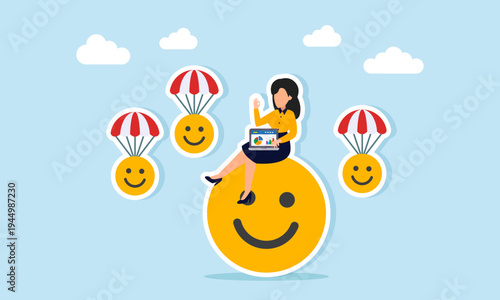 Businesswoman working with laptop on happy emoji surrounded by parachuting emoticons illustration of work effectiveness to increase attention and engagement rate