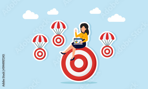 Businesswoman working with laptop on target board surrounded by parachuting targets illustration of work effectiveness to achieve and complete business goals