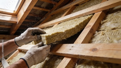 Professional Worker Installing Mineral Wool Roof Insulation Between Wooden Rafters Inside Residential Attic Construction Renovation Process