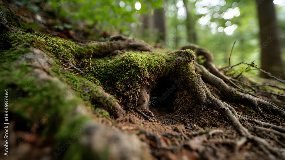 Obraz premium Small Brown Rodent Emerging from Mossy Tree Root Burrow