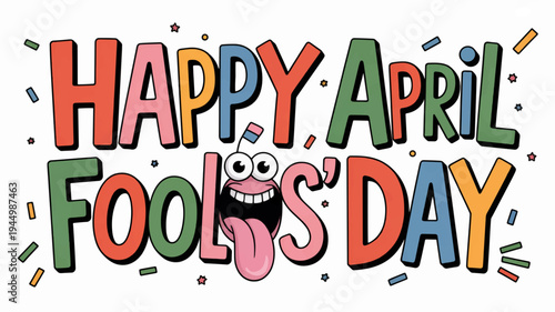Colorful happy april fools' day cartoon text with tongue out emoji on white background