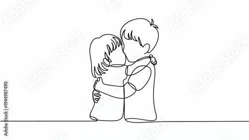 Tender moment of a loving couple embracing and kissing expressing affection and intimacy in a simple line art style on a clean white background