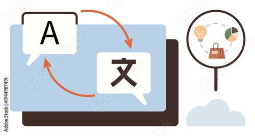Language interpretation, global trade, online shopping, business strategy, multilingual content, ecommerce technology. Speech bubbles with swapping arrows alongside shopping and data symbols