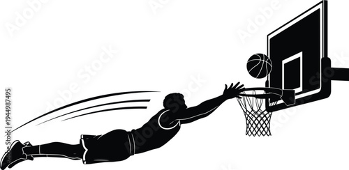 Silhouette of a Basketball Player Flying Through the Air to Score a Layup into a Hoop with a Backboard Background