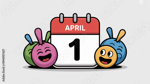 Colorful cartoon bowling balls smiling with april fool's day calendar