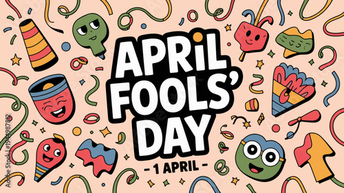 Colorful april fools' day celebration background with cartoon faces confetti