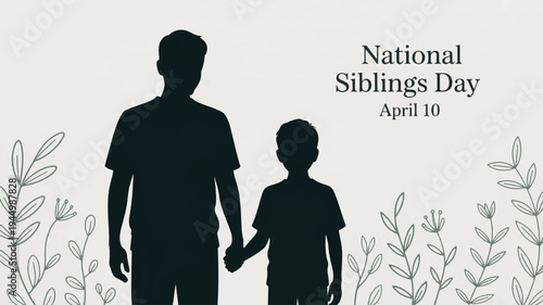National siblings day illustration of a man and a boy holding hands in a simple floral background