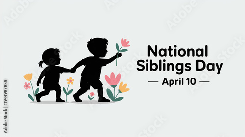Silhouette of two children celebrating national siblings day on april 10 with colorful flowers