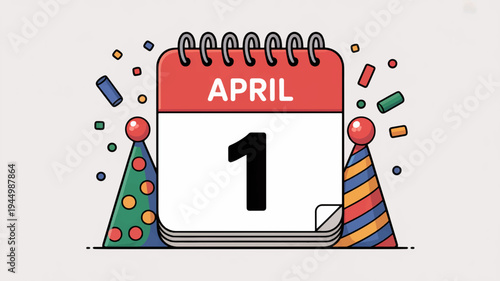 April 1st calendar page with party hats and confetti on white background celebrating springtime and april fool's day