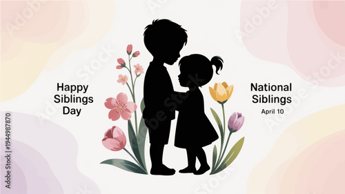 Silhouette of a boy and girl standing together with flowers on national siblings day