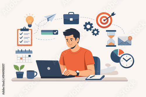 Productive man working on laptop with business icons like clock, calendar, target, and checklist. Concept of efficient workflow, time management, multitasking, and remote work. Flat vector style.