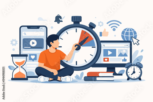 Time Management Concept Vector Illustration of a Young Man Controlling Screen Time and Internet Usage with a Large Stopwatch, Hourglass, Smartphone, and Computer for Productivity and Balance.