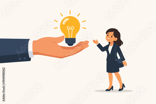Vector Illustration of a Giant Hand Giving a Glowing Lightbulb Idea to a Young Businesswoman, Representing Mentorship, Support, Creative Inspiration, Innovation, and Success in Business Concept