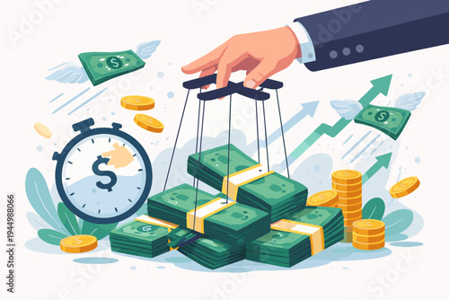 Financial manipulation and fast money concept with a hand controlling cash like a puppet, featuring a stopwatch, flying dollar bills, gold coins, and upward arrows in a flat vector style.