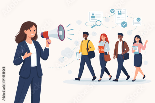 Professional Businesswoman Using Megaphone for Recruitment and Hiring New Employees. Diverse Group of Job Seekers with Resumes Walking Towards HR Manager. Talent Acquisition Concept Illustration.