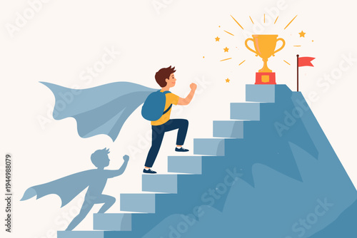 Vector illustration of a determined boy with a backpack and superhero cape climbing stairs towards a golden trophy on a mountain peak, representing success, personal growth, and future ambition.