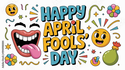 Colorful april fools' day celebration with laughing face emojis and confetti on white background