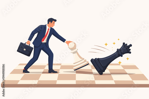 Businessman Moving White Pawn to Knock Over Black Queen on Chessboard, Concept of Strategic Planning, Business Competition, Smart Moves, and Success in a Professional Flat Vector Illustration.
