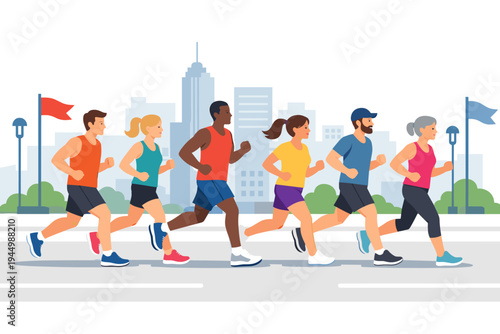 Diverse Group of Men and Women Running a Marathon or Jogging on a City Street, Simple Flat Vector Illustration of People Exercising Outdoors for Healthy Lifestyle, Fitness and Urban Sport Activity