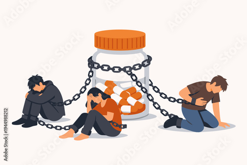 People Chained to a Large Bottle of Painkiller Pills Representing Opioid Addiction and Substance Abuse Crisis, Flat Vector Illustration of Drug Dependence, Mental Health Struggle and Suffering
